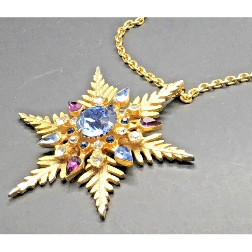 Snowflake  Pendant Necklace Rhinestones Gold Tone  Blue Purple Winter Star